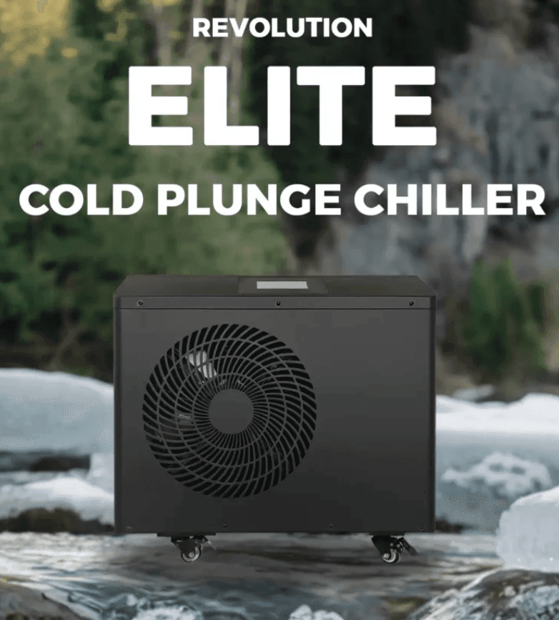 Revolution Elite Cold Plunge Chiller in natural outdoor setting with ice and greenery.