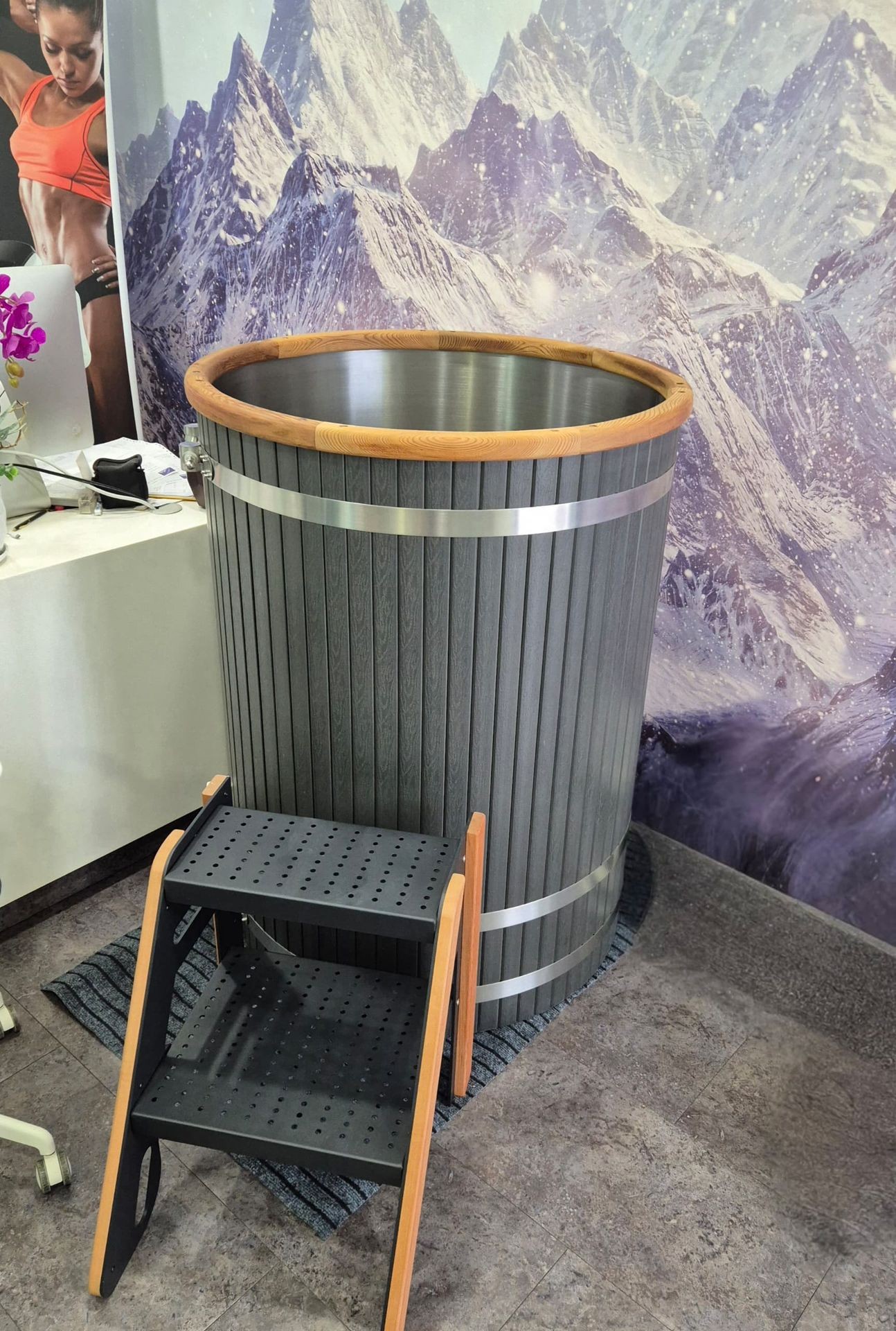 Wooden ice bath tub with small ladder against a snowy mountain mural.